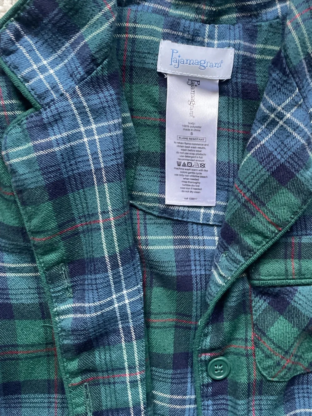 Kids Plaid Long-Sleeve Button Up& Pants Pajama Set in Green & Navy